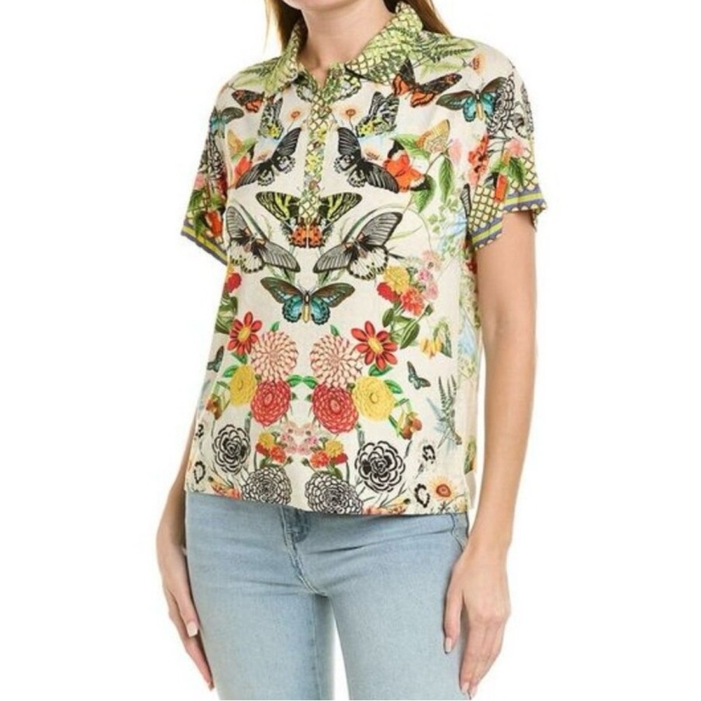 Johnny Was Butterfly & Floral Print Short Sleeve Top - Cream/Multi XL